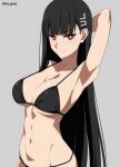  1girl arm_behind_head arm_up armpits artist_name bikini black_bikini black_hair blue_archive blunt_bangs breasts bright_pupils closed_mouth cow grey_background highres large_breasts long_hair looking_at_viewer navel ra-pen red_eyes rio_(blue_archive) simple_background smile stomach swimsuit twitter_username very_long_hair 