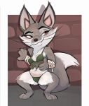 absurd_res anthro bottomwear bra breasts canid canine canis clothing corsac_fox crouching digital_media_(artwork) dreamworks fangs female fox fur grey_body hi_res honeymono kung_fu_panda looking_at_viewer mammal narrowed_eyes panties simple_background smile solo tail teeth underwear zhen_(kung_fu_panda)