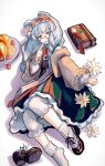  1girl animal_ears arknights bear_ears bear_girl blue_eyes blue_hair book braid brown_cardigan cardigan dress flower food frilled_hairband frills fruit green_dress hair_flower hair_ornament hairband istina_(arknights) istina_(bibliosmia)_(arknights) layered_sleeves lolitamomoya long_hair long_sleeves looking_at_viewer lying monocle neckerchief off_shoulder official_alternate_costume on_side open_cardigan open_clothes orange-framed_eyewear pancake plate red_hairband red_neckerchief semi-rimless_eyewear shoes shorts single_shoe socks solo strawberry striped striped_hairband syrup tongue tongue_out twin_braids under-rim_eyewear unworn_shoes white_flower white_shorts white_socks 