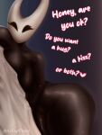 animal_humanoid anthro arthropod arthropod_humanoid bed big_breasts big_butt black_body breasts butt curvy_body curvy_female curvy_figure dialogue female furniture glistening glistening_body hi_res hollow_knight horn hornet_(hollow_knight) huge_breasts huge_butt huge_thighs humanoid looking_at_viewer lying lying_on_bed mask nofapplease_(artist) on_bed on_side solo talking_to_viewer team_cherry text thick_thighs wide_hips