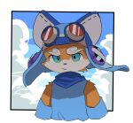  1boy animal_ears aru_(aru7g) blue_shirt blue_sky cloud cloudy_sky commentary_request detached_sleeves dog_boy dog_ears furry furry_male goggles goggles_on_head looking_at_viewer lou_(world_flipper) male_focus shirt sky upper_body world_flipper 