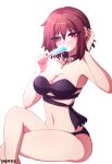  1girl artist_name bikini black_bikini blush breasts brown_hair chain collar food frisk_(undertale) highres holding holding_food holding_ice_cream ice_cream large_breasts looking_at_viewer midriff navel nuvex popsicle red_eyes short_hair sitting solo spiked_collar spikes swimsuit thighs underfell undertale white_background 
