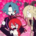  ... 1girl 2boys ? antenna_hair arrow_(projectile) arrow_in_head artist_name black_suit blonde_hair blue_hair braid cigarette colored_skin commission commissioner_name demon_boy demon_horns dress funamusea funamusea_(artist) heart heart_background highres hijoushiki_roc horns lobco_(wadanohara) lobster_girl long_hair mob_face multiple_boys object_through_head official_art one_eye_closed oounabara_to_wadanohara open_mouth pink_background pink_eyes pointy_ears red_eyes red_hair short_hair skeb_commission smoking speech_bubble suit sweatdrop wavy_mouth white_dress white_skin 