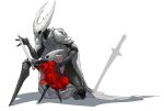  1girl 1other androgynous armor arthropod_girl arthropod_limbs black_skin breastplate cape cloak colored_skin from_side full_body grey_cape hand_on_another&#039;s_back hashtag_only_commentary height_difference holding holding_sword holding_weapon hollow_knight hollow_knight_(character) hornet_(hollow_knight) horns joints no_mouth on_one_knee pauldrons red_cloak shoulder_armor simple_background standing sword weapon white_background xiaopizi32439 
