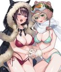  2girls absurdres beanie bikini black_coat breasts brown_hair coat commentary_request ekoda_emi fur-trimmed_coat fur_trim gloves goggles goggles_on_headwear green_bikini green_eyes hajirau_kimi_ga_mitainda hat highres holding_hands honjou_kaho hood hooded_coat interlocked_fingers kneeling large_breasts long_hair looking_at_viewer medium_breasts multiple_girls open_mouth plaid plaid_bikini purple_eyes red_bikini scarf short_hair simple_background smile swimsuit thighs uma_raclette white_background white_gloves white_scarf 