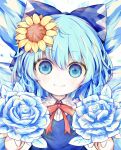  1girl blue_bow blue_dress blue_eyes blue_flower blue_hair blush bow cirno closed_mouth collared_shirt dress fairy flower hair_bow highres ice ice_wings looking_at_viewer neck_ribbon red_ribbon ribbon ro.ro shirt short_hair simple_background smile solo touhou white_background white_shirt wings 