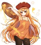  1girl apron black_skirt breasts brown_apron brown_eyes butter_pretzel_cookie cabbie_hat cookie_run food-themed_hat hat highres holding holding_knife holding_palette humanization kimautomne knife long_hair looking_at_viewer orange_hair palette_(object) palette_knife personification shirt short_sleeves skirt solo sweat very_long_hair white_shirt 
