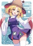 1girl absurdres animal_print blonde_hair brown_headwear commentary_request darumoon double_v dress frog_print hat highres looking_at_viewer medium_hair moriya_suwako open_mouth purple_dress purple_vest short_dress smile solo thighhighs touhou v vest white_thighhighs wide_sleeves yellow_eyes 