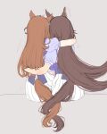  2girls animal_ears back_bow bow brown_background commentary_request ear_ornament ear_wiggle earrings highres horse_ears horse_girl horse_tail hug intertwined_tails jewelry long_hair mmm_(mmm623) multiple_girls puffy_short_sleeves puffy_sleeves purple_shirt school_uniform shirt short_sleeves simple_background single_earring sirius_symboli_(umamusume) summer_uniform symboli_rudolf_(umamusume) tail tracen_school_uniform twitter_username umamusume very_long_hair 