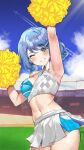  ambriel_(original_character) armpits blue_archive blue_hair cheerleader commission commissioner_upload highres millennium_cheerleader_outfit_(blue_archive) mole mole_under_eye one_eye_closed original pokemon pokemon_sv sweat t3x 