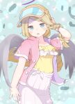  1girl adjusting_hair angel_wings asymmetrical_hair black_wings blue_eyes blush braid collarbone eyelashes feathers frilled_shirt frills hair_ribbon halo highres jazz_grace layered_shirt lens_flare light_brown_hair lisette_(puyopuyo) long_braid long_hair looking_at_viewer multicolored_clothes official_alternate_costume open_clothes open_mouth open_shirt pink_shirt pleated_skirt purple_halo puyopuyo puyopuyo_quest ribbon shirt short_sleeves skirt tied_skirt twin_braids visor_cap white_skirt wings wristband yellow_ribbon yellow_shirt 
