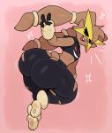 absurd_res anthro big_butt biped brown_body butt fur hi_res huge_butt male mega_evolution mega_lopunny nintendo open_mouth pink_background pokemon pokemon_(species) simple_background smile solo thick_thighs virito
