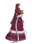  1girl absurdres altena_(fire_emblem) alternate_costume brown_eyes brown_hair closed_mouth commentary commission dress english_commentary fire_emblem fire_emblem:_genealogy_of_the_holy_war flower full_body headband highres holding holding_flower long_hair mexican_dress mixed-language_commentary orange_flower profile purple_dress seraikuni simple_background smile solo spanish_commentary very_long_hair white_background white_headband 