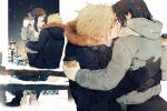  1boy 1girl black_coat black_footwear black_gloves black_hair black_pants blonde_hair blush closed_eyes cloud_strife coat commentary couple cup disposable_cup ear_blush final_fantasy final_fantasy_vii final_fantasy_vii_remake fur-trimmed_coat fur_trim gloves grey_coat hetero highres holding holding_cup hood hood_down hooded_coat hug kiss lamppost long_hair looking_at_another maiii_(smaii_i) multiple_views night night_sky open_mouth outdoors pants red_eyes scarf single_sidelock sitting sky snow snowing spiked_hair symbol-only_commentary tifa_lockhart tree white_footwear white_gloves white_scarf winter_clothes winter_coat 