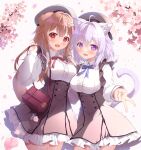  2girls :d ahoge animal_ear_fluff animal_ears bag beret blush bone_hair_ornament branch breasts brown_hair brown_headwear brown_skirt cartoon_bone cat_ears cat_girl cat_tail center_frills commentary_request dog_ears dog_girl dog_tail fangs flower frilled_skirt frills hair_between_eyes hair_intakes hair_ornament hand_up hat high-waist_skirt highres hololive inugami_korone long_sleeves looking_at_viewer matching_outfits medium_breasts mikeou multiple_girls nekomata_okayu petals pink_flower puffy_long_sleeves puffy_sleeves purple_eyes purple_hair red_eyes shirt shoulder_bag skirt sleeves_past_wrists smile standing tail v virtual_youtuber white_shirt 