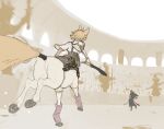 action_pose arena blonde_hair centaur clothing cutesune equid equid_taur female fight fur hair hi_res hooves humanoid humanoid_taur leg_warmers legwear mammal mammal_taur pose prosthetic seraphine_(cutesune) shirt tail_boot taur tights topwear weapon white_body white_clothing white_fur white_shirt white_topwear