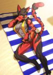 absurd_res anthro bikini biped breasts claws clothing female fur hi_res looking_at_viewer lying nintendo on_side pgm300 pokemon pokemon_(species) red_body sling_bikini solo swimwear towel