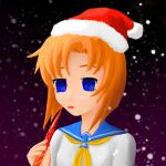  1girl blood blue_eyes candy candy_cane christmas empty_eyes food hat highres higurashi_no_naku_koro_ni holding holding_candy holding_candy_cane holding_food neckerchief new_year nyanskii orange_hair ryuuguu_rena santa_hat school_uniform snowflakes yellow_neckerchief 