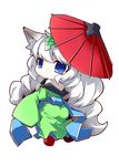  animal_ears ass bare_shoulders blue_eyes chibi fox_ears japanese_clothes kimono long_hair obi oboro_muramasa off_shoulder oriental_umbrella reku sash solo umbrella very_long_hair white_hair yuzuruha 