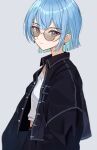  1girl absurdres blue_eyes blue_hair earrings glasses highres hololive hoshimachi_suisei jacket jewelry looking_at_viewer open_clothes open_jacket shirt short_hair star_(symbol) star_earrings tagosaku_(tatsukiuma0329) virtual_youtuber white_shirt 