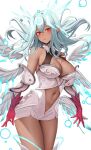 1girl aqua_hair bare_shoulders breasts character_request copyright_request dark-skinned_female dark_skin double-parted_bangs highres long_hair medium_breasts multiple_wings navel pointy_ears red_eyes revealing_clothes ru_zhai solo tevi thighs white_background wings 