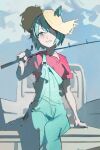  1girl animal_ears aqua_hair aqua_pants arm_support crossed_bangs day feet_out_of_frame fishing_rod green_eyes hat holding holding_fishing_rod horse_ears horse_girl light_blush looking_at_viewer motor_vehicle oteyawara-kani over_shoulder pants pickup_truck red_shirt seiun_sky_(umamusume) shade shadow shirt short_hair short_sleeves sitting sitting_on_car sketch smile solo straw_hat suspenders suspenders_slip truck umamusume 