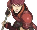  1boy english_commentary fingerless_gloves fire_emblem fire_emblem_echoes:_shadows_of_valentia gloves holding holding_polearm holding_weapon incoming_attack looking_at_viewer lukas_(fire_emblem) male_focus nenekantoku open_mouth polearm red_eyes red_hair twitter_username weapon white_background 