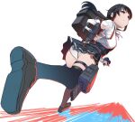  1girl adapted_turret asashio_(kancolle) asashio_kai_ni_(kancolle) black_hair black_thighhighs blue_eyes cannon collared_shirt dress dress_shirt foreshortening gegeron kantai_collection long_hair long_sleeves machinery panties pantyshot pinafore_dress running shirt simple_background sleeveless sleeveless_dress solo thighhighs turret underwear white_background white_panties white_shirt 