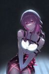  1girl absurdres anklet bare_shoulders bracelet breasts cleavage closed_mouth ermu_(enmmm) gold_choker hair_between_eyes highres honkai:_star_rail honkai_(series) jewelry kafka_(honkai:_star_rail) large_breasts lips looking_at_viewer pink_eyes purple_hair short_hair_with_long_locks solo 