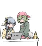  2channel 2girls amano_yae arm_support at_computer backwards_hat baseball_cap blue_eyes blue_hair bow bowtie braid center_frills collared_shirt computer crown_braid desk dosukoi!_(napoli_no_otokotachi) floral_print frills green_bow green_bowtie green_eyes green_hair green_sweater hat laptop long_sleeves looking_at_another multiple_girls nameplate napoli_no_otokotachi oihool parody print_sweater puffy_long_sleeves puffy_sleeves sasuga_brothers shirt shuujou_mana simple_background suspenders sweater typing v-shaped_eyebrows white_background yellow_shirt 