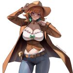  1girl absurdres alternate_costume belt belt_buckle breasts brown_headwear buckle choker cleavage cowboy cowboy_hat earrings feather_earrings feathers gun hat highres hololive hololive_english jewelry large_breasts looking_at_viewer midriff navel orange_hair revolver seventeencrows simple_background smile solo takanashi_kiara virtual_youtuber weapon white_background 