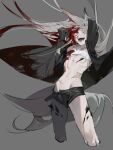  1girl absurdres amrkdrw animal_ear_fluff animal_ears arknights arms_behind_head arms_up bandeau bare_legs black_jacket black_shorts black_straps bleeding bleeding_from_forehead blood blood_from_eyes blood_in_hair blood_on_chest blood_on_clothes blood_on_face blood_on_leg crazy crazy_eyes crazy_smile cropped_legs eyelashes feet_out_of_frame flat_chest floating_clothes floating_hair from_side grey_background grey_hair grey_tail groin_tendon half-closed_eye highres injury jacket knees lappland_(arknights) leaning leaning_back legs long_hair long_sleeves looking_at_viewer looking_to_the_side messy_hair midriff multiple_scars navel nosebleed open_clothes open_fly open_jacket open_mouth open_shorts oripathy_lesion_(arknights) pale_skin ribs scar scar_across_eye scar_on_face scar_on_stomach shadow sharp_teeth short_shorts shorts simple_background single_bare_shoulder single_off_shoulder skinny smile solo standing stomach strap tail teeth thighs tongue torn_bandeau torn_clothes unbuttoned very_long_hair white_bandeau white_eyes wolf_ears wolf_girl wolf_tail 