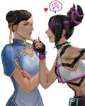  2girls absurdres bbubbubbobbo123 bracelet chinese_clothes chun-li collar earrings han_juri hand_on_another&#039;s_chin heart highres interlocked_venus_symbols jewelry multicolored_hair multiple_girls nail_polish serious spiked_bracelet spiked_collar spikes street_fighter street_fighter_6 venus_symbol white_background yuri 