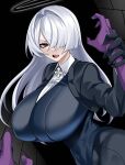  1girl :o absurdres angel_(hz_(666v)) black_eyes black_halo black_jacket black_nails black_pants breasts cleavage colored_skin covered_navel demon dress_shirt grabbing_another&#039;s_arm hair_over_one_eye halo hand_in_own_hair highres huge_breasts hz_(666v) jacket large_breasts leotard long_hair looking_at_viewer navel open_mouth original pants purple_skin shirt suit_jacket teeth tight_clothes upper_teeth_only 