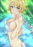  1girl absurdres bare_shoulders bikini blonde_hair blurry blurry_background blush breasts cleavage closed_mouth dappled_sunlight dated day frilled_bikini frills from_side front-tie_bikini_top front-tie_top grass green_eyes hand_up highres idolmaster idolmaster_cinderella_girls idolmaster_cinderella_girls_starlight_stage jewelry large_breasts larmen_sennin looking_at_viewer musical_note_necklace necklace outdoors river short_hair sideboob signature smile solo strap_pull sunlight swimsuit tree umeki_otoha white_bikini 