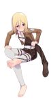  1girl barefoot blonde_hair blue_eyes blush boots brown_jacket christa_renz crossed_legs feet hair_between_eyes highres holding holding_boots holding_clothes holding_footwear jacket maidforge shingeki_no_kyojin simple_background soles solo toenails toes unworn_boots white_background 