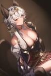  1girl animal_ears bare_shoulders blush braid braided_ponytail breasts brown_eyes cat_ears cleavage collarbone erune genyaky granblue_fantasy grey_hair heles highres large_breasts long_hair looking_at_viewer sitting smile solo thighs 