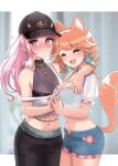  2girls animal_ear_fluff animal_ears bare_shoulders baseball_cap blouse blush braid cat_ears cat_girl cat_tail couple crop_top denim denim_shorts earrings fang feather_earrings feathers gradient_hair hair_through_headwear hat highres holding_hands hololive hololive_english jewelry kemonomimi_mode long_hair midriff mori_calliope mori_calliope_(streetwear) multicolored_hair multiple_girls navel official_alternate_costume oida-sama_(artist) orange_hair pants pink_hair shirt shorts tail takanashi_kiara takanashi_kiara_(2nd_costume) track_pants twin_braids virtual_youtuber white_shirt yuri 