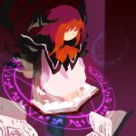  1girl black_capelet black_wings book bow bowtie capelet commentary_request head_wings highres kaigen_1025 koakuma long_sleeves magic_circle medium_hair no_mouth open_book red_bow red_bowtie red_eyes red_hair shirt sketch touhou white_shirt wings 
