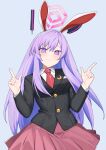  1girl absurdres blue_archive blush breasts commission cosplay double_finger_gun finger_gun halo highres long_hair looking_at_viewer medium_breasts necktie pleated_skirt purple_eyes purple_hair reisen_udongein_inaba reisen_udongein_inaba_(cosplay) second-party_source skirt smile solo touhou utaha_(blue_archive) very_long_hair wafer_nuri 