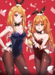 2girls :d animal_ears armpit_crease armpits baba_konomi bangs bare_arms bare_shoulders black_legwear black_leotard black_neckwear blonde_hair blush bottle bow bowtie breasts brown_hair bunny_ears bunny_tail bunnysuit choker cleavage closed_mouth collarbone commentary_request confetti contrapposto cowboy_shot cuna_(qunya) cup drink drinking_glass eyebrows_visible_through_hair fake_animal_ears glint green_eyes hair_between_eyes hand_on_hip highres holding holding_bottle idolmaster idolmaster_million_live! large_breasts legs_apart legs_together leotard long_hair looking_at_viewer momose_rio multiple_girls nail_polish open_mouth pantyhose red_background red_eyes red_nails red_ribbon ribbon smile standing tail wine_bottle wine_glass wrist_cuffs 