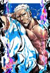  1boy abs aegir_(housamo) arm_behind_head bara beard blue_eyes border closed_mouth dark-skinned_male dark_skin dated facial_hair fundoshi japanese_clothes kano_(kano_to10) kimono large_pectorals male_focus mature_male multicolored_hair muscular muscular_male nipples open_clothes open_kimono outside_border pectorals revision short_hair smirk solo streaked_hair thick_eyebrows tokyo_afterschool_summoners twitter_username upper_body white_border white_hair white_kimono 