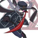  1girl black_headwear black_scarf duel_monster gloves grey_hair hat highres hucydin long_hair long_sleeves peaked_cap red_eyes scarf sky_striker_ace_-_roze solo sword twintails two-tone_dress weapon yu-gi-oh! 