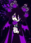 1boy bags_under_eyes blood blood_from_eyes blood_from_mouth blood_on_face blood_on_hands blood_splatter blue_background colored_skin commission cowboy_shot crying demon_boy demon_horns demon_wings flower funamusea funamusea_(artist) holding horns male_focus official_art open_mouth purple_blood purple_eyes purple_flower purple_hair purple_rose purple_suit purple_theme rose satanick_(funamusea) skeb_commission smile solo splatter suit tears white_skin wings 