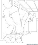 anthro anus bandai_namco bent_over bottomwear bottomwear_down butt clothed clothing digimon digimon_(species) feet flamedramon giancarlo_rosato hasbro hi_res jockstrap line_art locker locker_room looking_at_viewer looking_back looking_back_at_viewer male mostly_nude nipples pants pants_down partially_clothed patreon patreon_logo presenting presenting_hindquarters raised_tail rear_view roommates_(comic) scalie solo spelunker_sal standing tail topless topless_male underwear undressing