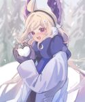  1girl ahoge blonde_hair blue_scarf blush coat commentary earmuffs enna_alouette gloves grey_gloves head_wings highres konpeiteru long_hair low_twintails nijisanji nijisanji_en open_mouth purple_coat purple_eyes purple_wings scarf snow snowball solo symbol-only_commentary twintails very_long_hair virtual_youtuber wings winter 
