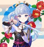  1girl armor blue_eyes blue_hair blunt_bangs blush choco_holic closed_mouth cowboy_shot flower genshin_impact hair_ornament hair_ribbon highres holding holding_sword holding_weapon japanese_clothes kamisato_ayaka light_blue_hair long_hair long_sleeves looking_at_viewer mole mole_under_eye ponytail red_flower ribbon sidelocks smile solo suguri_(artist) sword upper_body weapon 