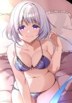  1girl absurdres azur_lane bed blue_bra blue_panties bra breasts cleavage cowboy_shot highres lace-trimmed_bra lace-trimmed_panties lace_trim large_breasts looking_at_viewer mole mole_under_mouth on_bed origami_aya panties pillow san_jacinto_(azur_lane) string string_of_fate underwear white_hair 