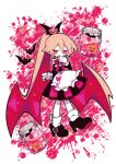  1girl bat_(animal) bat_wings black_nails bow colored_skin dress funamusea_(artist) haiiro_teien heart jack-o&#039;-lantern jar long_hair nail_polish official_art paint paint_on_clothes paint_on_fingers paint_splatter pink_bow pink_eyes pink_hair pointy_ears ponytail pumpkin rawberry_preserves shoes solo splatter_background white_skin wings 