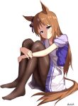  1girl absurdres animal_ears banpunsik black_pantyhose bow brown_hair commentary_request ear_ornament feet grass_wonder_(umamusume) highres horse_ears horse_girl horse_tail hugging_own_legs knees long_hair looking_at_viewer multicolored_hair no_shoes pantyhose pleated_skirt purple_bow purple_shirt school_uniform shirt signature simple_background skirt solo streaked_hair summer_uniform tail tracen_school_uniform umamusume white_background white_hair white_skirt 